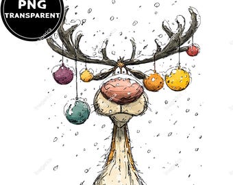 Christmas Reindeer PNG, Funny Reindeer Clipart, Watercolor Snow Reindeer, Holiday Sublimation Design, Winter Wall Art, Digital Download