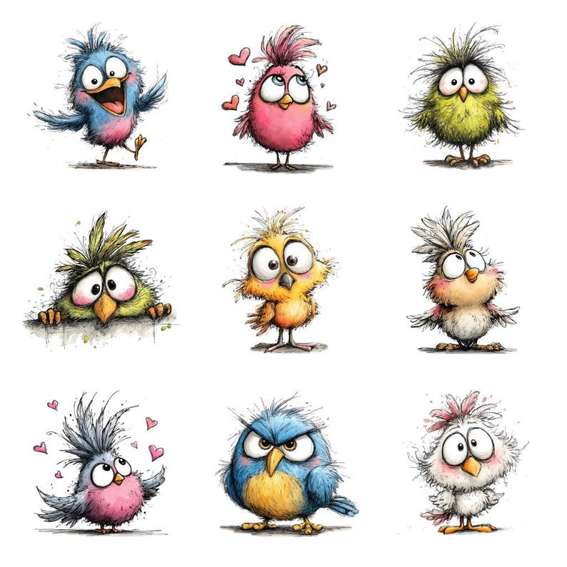 May include: A collection of nine cartoon birds with expressive eyes and colorful plumage. Each bird has a unique pose and personality, with varying shades of blue, pink, yellow, and green. Some birds are shown with hearts, while others have a grumpy expression.