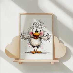 May include: A framed cartoon illustration of a cheerful, fluffy white chick with a yellow beak and feet, and big, expressive eyes. The artwork has a watercolor style with pink and purple accents. The framed print is displayed on a wooden shelf.