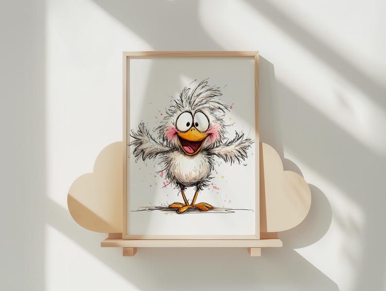 May include: A framed cartoon illustration of a cheerful, fluffy white chick with a yellow beak and feet, and big, expressive eyes. The artwork has a watercolor style with pink and purple accents. The framed print is displayed on a wooden shelf.