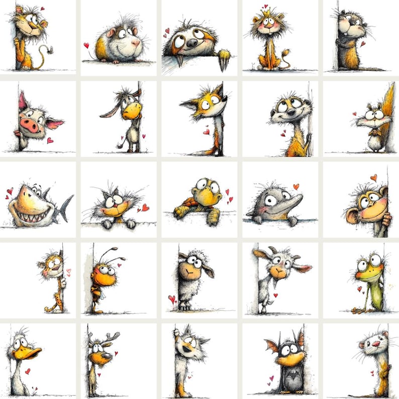 This set includes the following animals: Cow, Crocodile, Bear, Cat, Crab, Ostrich, Dog, Elephant, Giraffe, Mouse, Hamster, Lizard, Panda, Parrot, Snake, Tiger, Hippopotamus, Hedgehog, Raccoon, Kangaroo, Rhinoceros, Squirrel, Horse, Hare, Alligator, Lion, Guinea Pig, Sloth, Beaver, Piglet, Donkey, Fox, Meerkat, Shark, Turtle, Dolphin, Monkey, Leopard, Bee, Sheep, Goat, Frog, Duck, Deer, Wolf, Bat, Ferret.