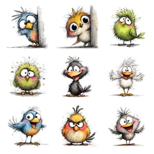 May include: Nine cartoon birds with expressive eyes and colorful plumage are depicted on a white background. The birds vary in color, including blue, green, yellow, and black, and have exaggerated features. Some birds are peeking from behind a wall, while others are standing or have their wings spread.