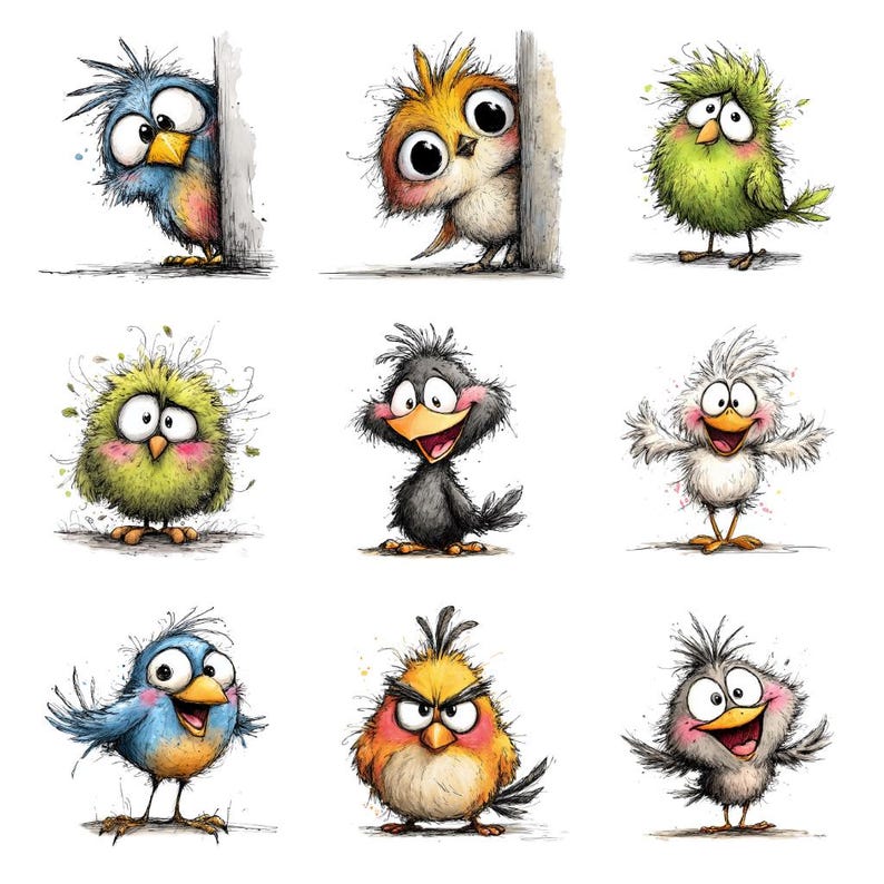 May include: Nine cartoon birds with expressive eyes and colorful plumage are depicted on a white background. The birds vary in color, including blue, green, yellow, and black, and have exaggerated features. Some birds are peeking from behind a wall, while others are standing or have their wings spread.