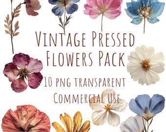 May include: A collection of ten vintage pressed flowers in various colors, including pink, blue, and white. The image includes text that reads "VINTAGE PRESSED FLOWERS PACK" and "10 PNG TRANSPARENT COMMERCIAL USE."