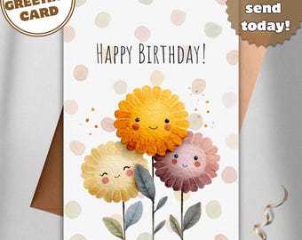 Happy Birthday Card Printable, US Letter and A4, Floral Birthday Card, Kids Birthday Card, Pastel Watercolor Flower Card, Instant Download