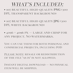 May include: Text on a cream-colored background reads "WHAT'S INCLUDED:" followed by details about a digital download. The download includes 107 PNG and JPG files, 4096 x 4096 px, for personal and commercial use.