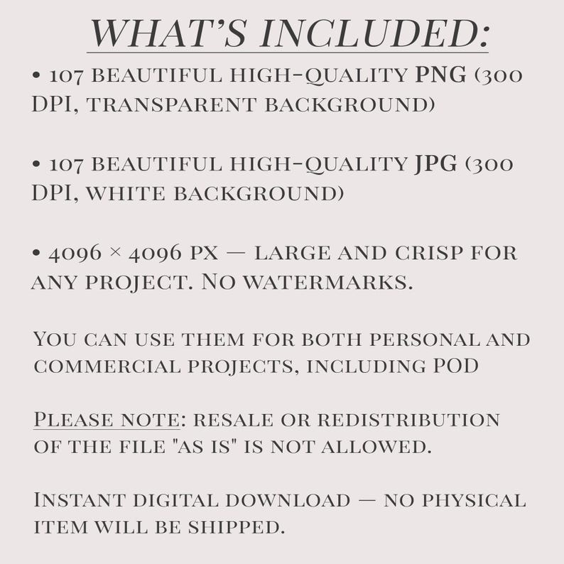 May include: Text on a cream-colored background reads "WHAT'S INCLUDED:" followed by details about a digital download. The download includes 107 PNG and JPG files, 4096 x 4096 px, for personal and commercial use.