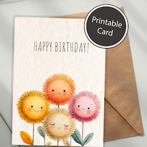 Urocza akwarelowa kartka urodzinowa | Wydrukowana kartka urodzinowa 5x7 cali | Cyfrowa kartka z życzeniami z uśmiechniętymi kwiatami | Natychmiastowe pobranie