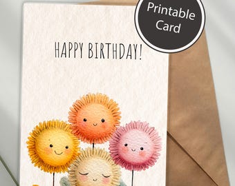 Bonita tarjeta de cumpleaños en acuarela / Tarjeta de cumpleaños imprimible de 13 x 18 cm / Tarjeta de felicitación digital con flores sonrientes / Descarga instantánea