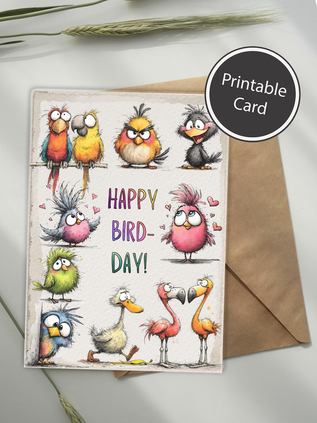 Funny Bird Birthday Card Printable, Happy Bird-day Card, Cute Birds ...