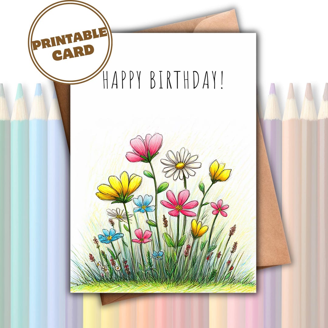 Daisy Birthday Card Printable, Wildflower Greeting Card, Hand Drawn ...