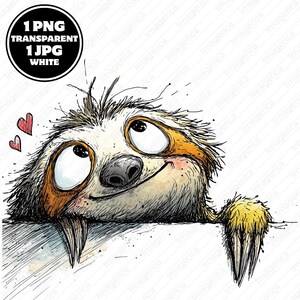 Può includere: Un'illustrazione digitale di un bradipo con grandi occhi, naso scuro e pelliccia ispida, che guarda verso l'alto con due piccoli cuori rossi a sinistra. L'immagine include un badge circolare con il testo 1 PNG TRANSPARENT 1 JPG WHITE.