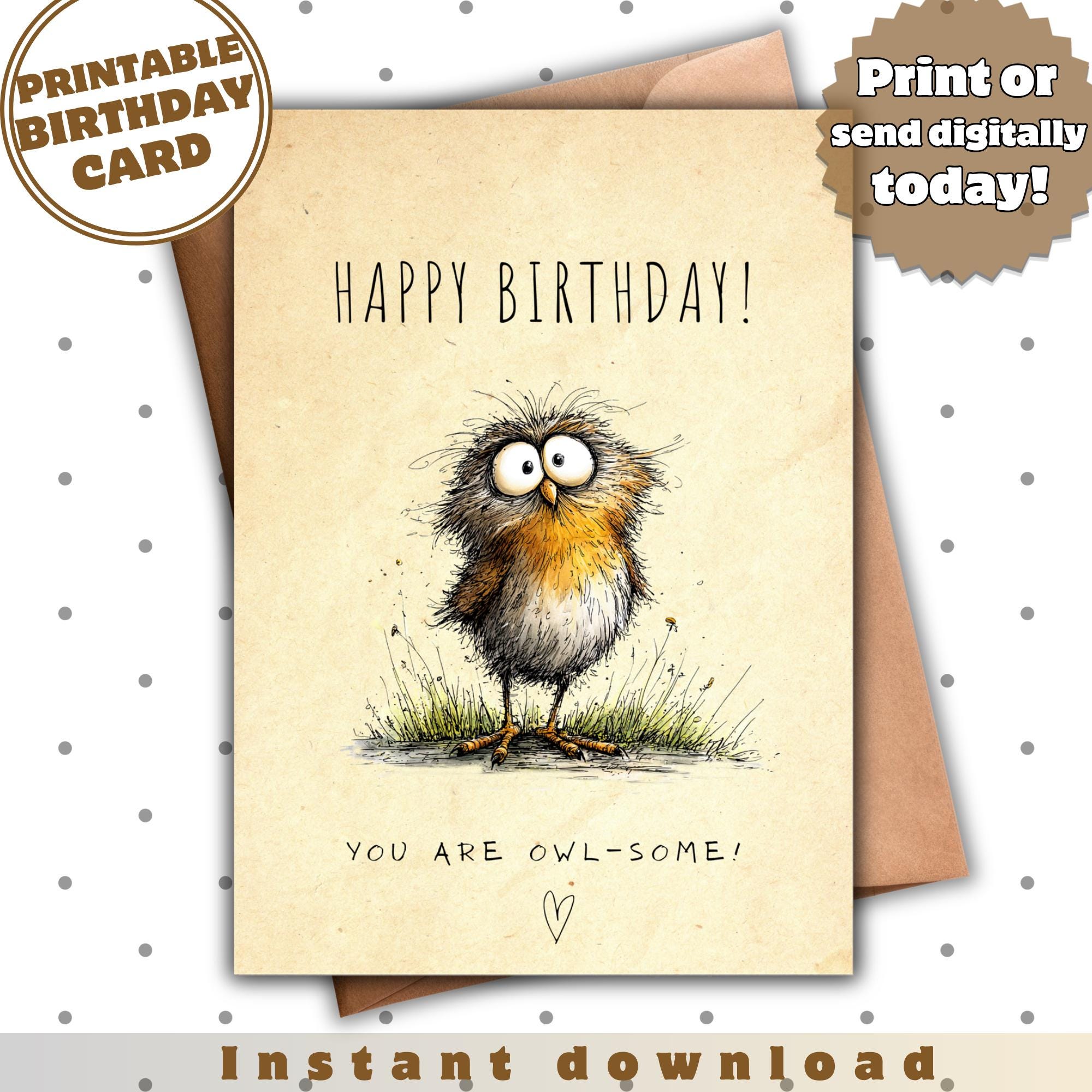 Funny Owl Birthday Card Printable, Owl-Some Birthday Card, Cute Owl Greeting Card, Instant Download 