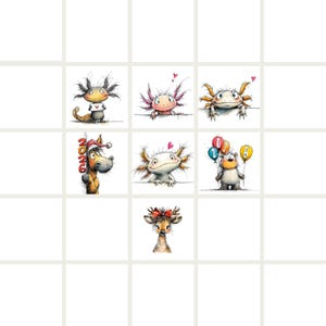 May include: A grid of whimsical watercolor illustrations featuring various animals and creatures. The images include an axolotl, a bear holding balloons, a deer with a bow, and a horse with the text "2026". Each character is drawn with expressive details.
