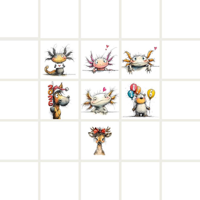 May include: A grid of whimsical watercolor illustrations featuring various animals and creatures. The images include an axolotl, a bear holding balloons, a deer with a bow, and a horse with the text "2026". Each character is drawn with expressive details.