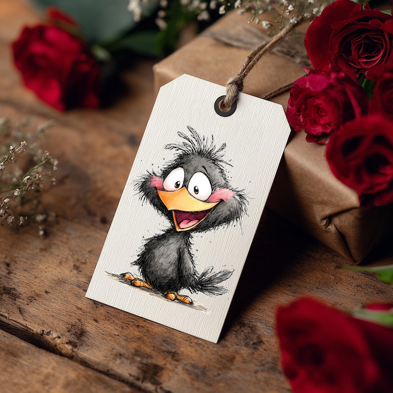 May include: A gift tag with a cartoon bird illustration. The bird is black with a yellow beak, pink cheeks, and big eyes. The tag is cream-colored with a brown string. Red roses and a wrapped gift are in the background.