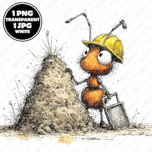 Cute Builder Ant Clipart PNG, Construction Worker Ant Illustration, Hardworking Ant Cartoon, Insect Builder PNG, Nursery Clipart