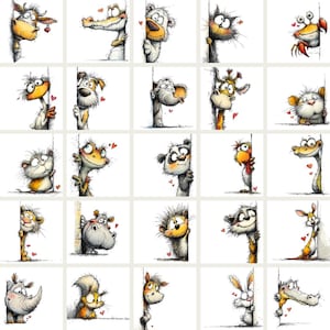 May include: A collection of whimsical cartoon animal illustrations, each peeking from behind a white surface. The animals, including a cow, crocodile, and bear, are drawn in a detailed, sketch-like style with hearts, conveying a playful and loving theme.