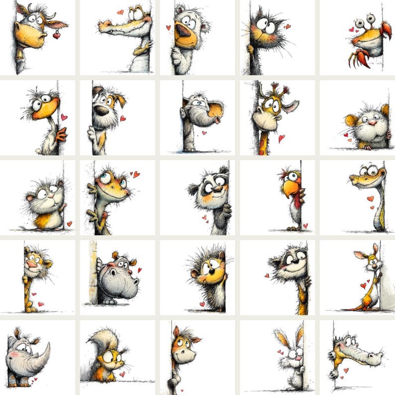 May include: A collection of whimsical cartoon animal illustrations, each peeking from behind a white surface. The animals, including a cow, crocodile, and bear, are drawn in a detailed, sketch-like style with hearts, conveying a playful and loving theme.
