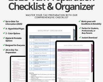 2025 Tax Prep Checklist & Organizer | Digital and Printable Tax Planner, IRS Filing Guide, Maximize Deductions and Credits