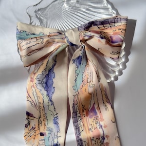 Abstract Pastel Print Bow Barrette – Long Tail Hair Ribbon Clip, Scarf Bow, Statement Hair Accessory for Women & Teens, romantic style