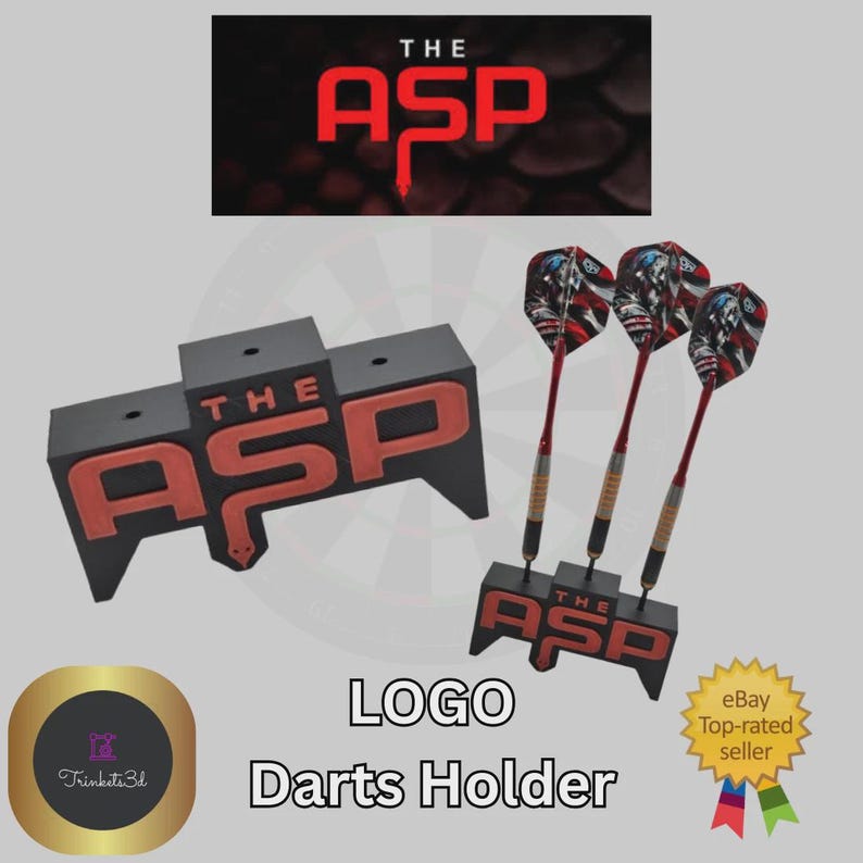 May include: Black and red darts holder with the text "THE ASP" in red. The holder has a snake design and holds three darts with red shafts and American flag-themed flights. The image also includes the text "LOGO Darts Holder".
