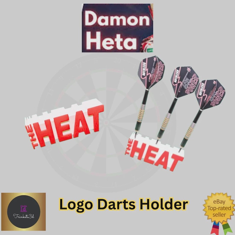 May include: A logo darts holder with the text "THE HEAT" in red and white. Three darts with black and red designs are displayed. The image also includes the text "Damon Heta".