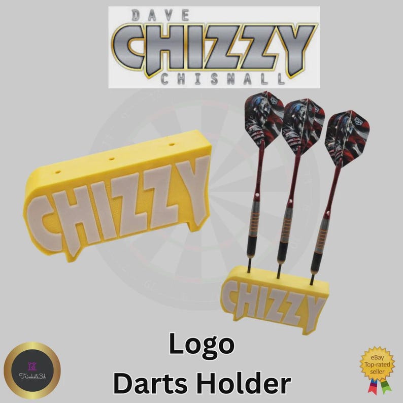 May include: Yellow darts holder with the word "CHIZZY" in white. The holder is designed to hold three darts with red and black flights. The image also includes the "Dave Chizzy Chisnall" logo.