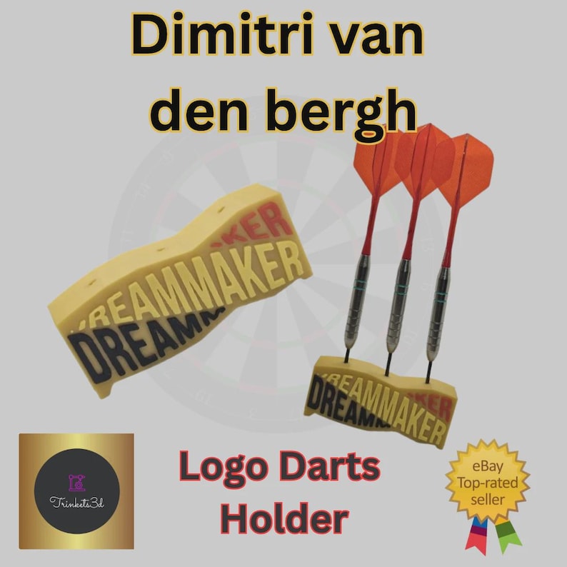 May include: A yellow dart holder with the word "DREAMMAKER" in black and red lettering. Three darts with red flights are displayed. The text "Dimitri van den bergh" and "Logo Darts Holder" are also visible.