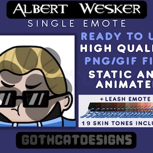 Puede incluir: Ilustración digital animada de Albert Wesker con gafas de sol y una chaqueta azul. La imagen es un emoticono único para usar en el chat en línea. El texto "+ LEASH EMOTE" y "19 SKIN TONES INCLUDED" se muestra debajo de la imagen.