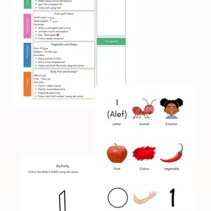 May include: A colorful weekly planner for lessons, featuring a schedule with activities for each day. Includes illustrations of an ant, apple, and chili pepper, along with the number 1 and the letter I.