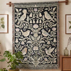 North American Birds Black Botanical Woven Tapestry Throw Blanket | William Morris Hummingbird Fringe Grandmillennial Cottagecore Gift