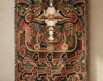 Coperta tessuta con drago azteco Quetzalcoatl, arazzo murale maya Kukulkan, decorazione tribale ispirata alla mitologia, coperta antica con serpente piumato