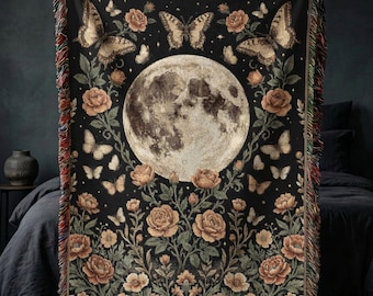 Full Moon Rose Woven Blanket, Witchy Moon Decor Tapestry, Dark Floral Night Sky Throw, Gothic Butterfly Garden Bedroom Wall Hanging Gift