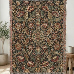 Dark Floral Woven Throw Blanket | Victorian Botanical Tapestry Blanket | Cottagecore Sofa Throw | Dark Academia Home Decor Gift image 2
