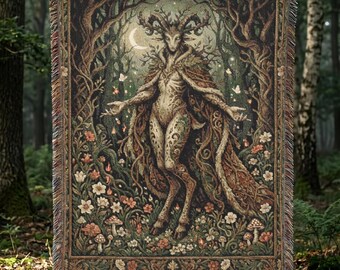Fantasy Blanket Woodland Faun Decor Forest Guardian Art Dark Cottagecore Home Witchcore Nature Spirit Throw Enchanted Grove Gift