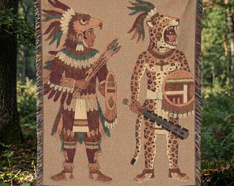 Coperta con aquila azteca e guerriero giaguaro, patrimonio della civiltà precolombiana, decorazione per la casa, sciamanico, tessile decorativo, regalo artistico
