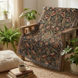 Dark Floral Woven Throw Blanket | Victorian Botanical Tapestry Blanket | Cottagecore Sofa Throw | Dark Academia Home Decor Gift WovenThrow 52x37"