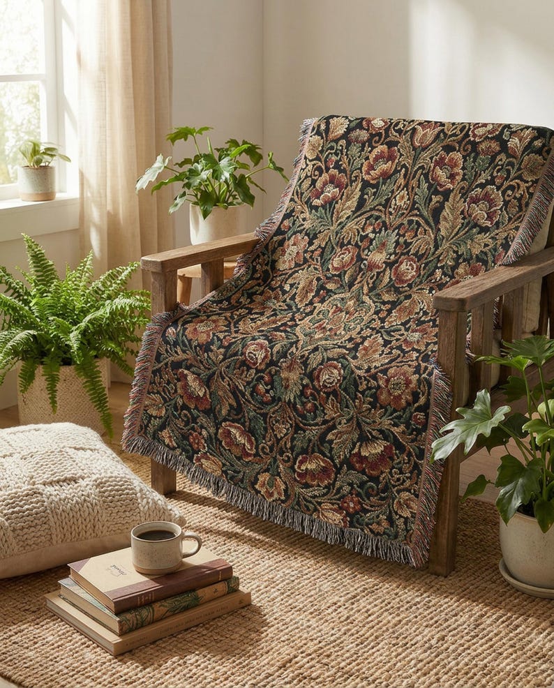 Dark Floral Woven Throw Blanket | Victorian Botanical Tapestry Blanket | Cottagecore Sofa Throw | Dark Academia Home Decor Gift WovenThrow 52x37"