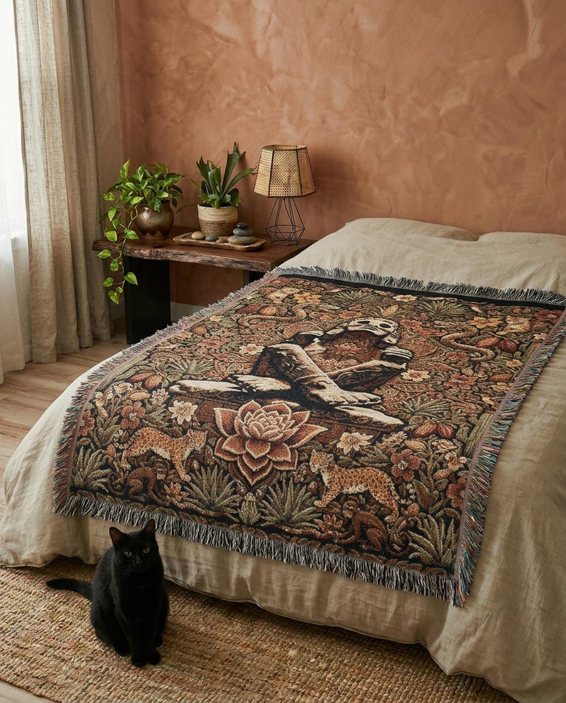 Xochipilli Prince of Flowers Woven Tapestry | Dark Botanical Throw Blanket | Aztec Mystic Wall Hanging | Ancestral Boho Shamanic Decor Gift WovenThrow 80"x60"