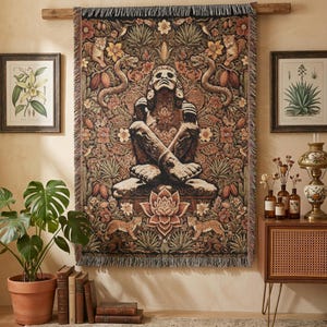 Xochipilli Prince of Flowers Woven Tapestry | Dark Botanical Throw Blanket | Aztec Mystic Wall Hanging | Ancestral Boho Shamanic Decor Gift immagine 5