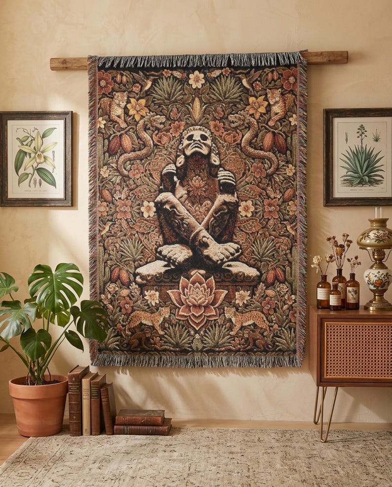 Xochipilli Prince of Flowers Woven Tapestry | Dark Botanical Throw Blanket | Aztec Mystic Wall Hanging | Ancestral Boho Shamanic Decor Gift immagine 5