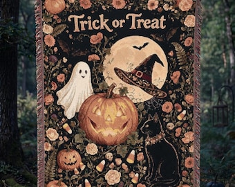 Trick Or Treat Halloween Throw Blanket Ghost Pumpkin Cats Witch Hats Moon Floral Autumn Cozy Cottage Decor Fringe Cotton Woven Wall Art