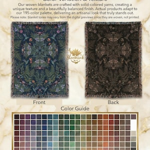 May include: Image shows two woven blankets with floral designs, labeled "Front" and "Back." The front blanket is dark blue with green and pink floral patterns. The back blanket is brown with similar patterns. A color guide with 195 colors is also shown.