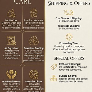 Pu&ograve; includere: Grafica promozionale con informazioni sulla cura del prodotto, tra cui lavaggio delicato, materiali pregiati e produzione sostenibile. Presenta anche offerte speciali, come sconti e offerte bundle.
