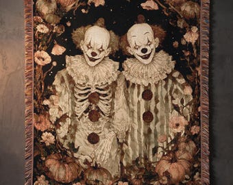 Evil Clown Woven Blanket, Halloween Skeleton Clown Tapestry, Gothic Macabre Autumn Throw, Horrorcore Dark Pumpkin Bedroom Wall Hanging Gift
