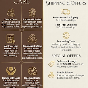 May include: A promotional graphic with text about product care, including gentle washing, premium materials, and conscious crafting. It also highlights shipping details and special offers, such as exclusive savings and bundle deals.