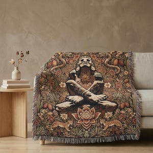 Xochipilli Prince of Flowers Woven Tapestry | Dark Botanical Throw Blanket | Aztec Mystic Wall Hanging | Ancestral Boho Shamanic Decor Gift WovenThrow 60x50"