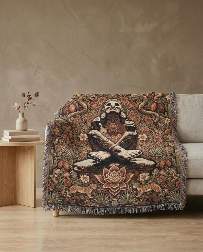 Xochipilli Prince of Flowers Woven Tapestry | Dark Botanical Throw Blanket | Aztec Mystic Wall Hanging | Ancestral Boho Shamanic Decor Gift WovenThrow 60x50"