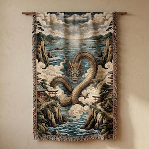 Japanese Culture Spiritual Dragon Woven Blanket Oriental Sea Serpent Throw, Asian Illustration Tapestry Fantasy Home Decor Best Friend Gift